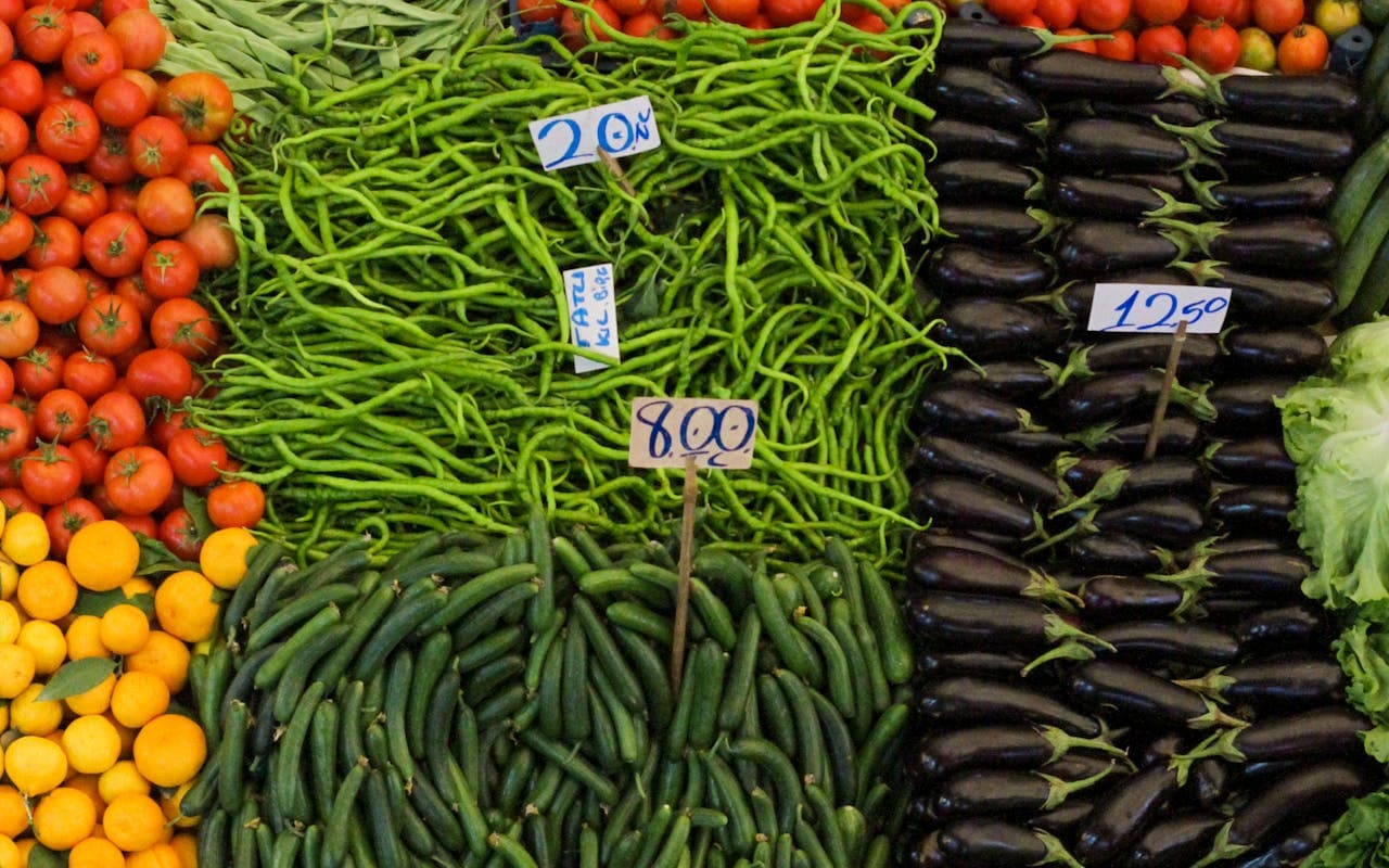 A market stall with fresh produce and low prices