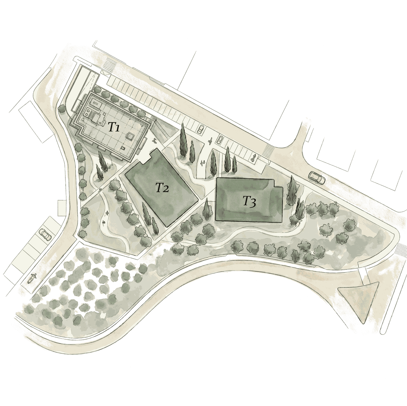 Watercolour site plan of Privilege Gardens — Tower 1 drawn in detail, Towers 2 and 3 as massing in the garden