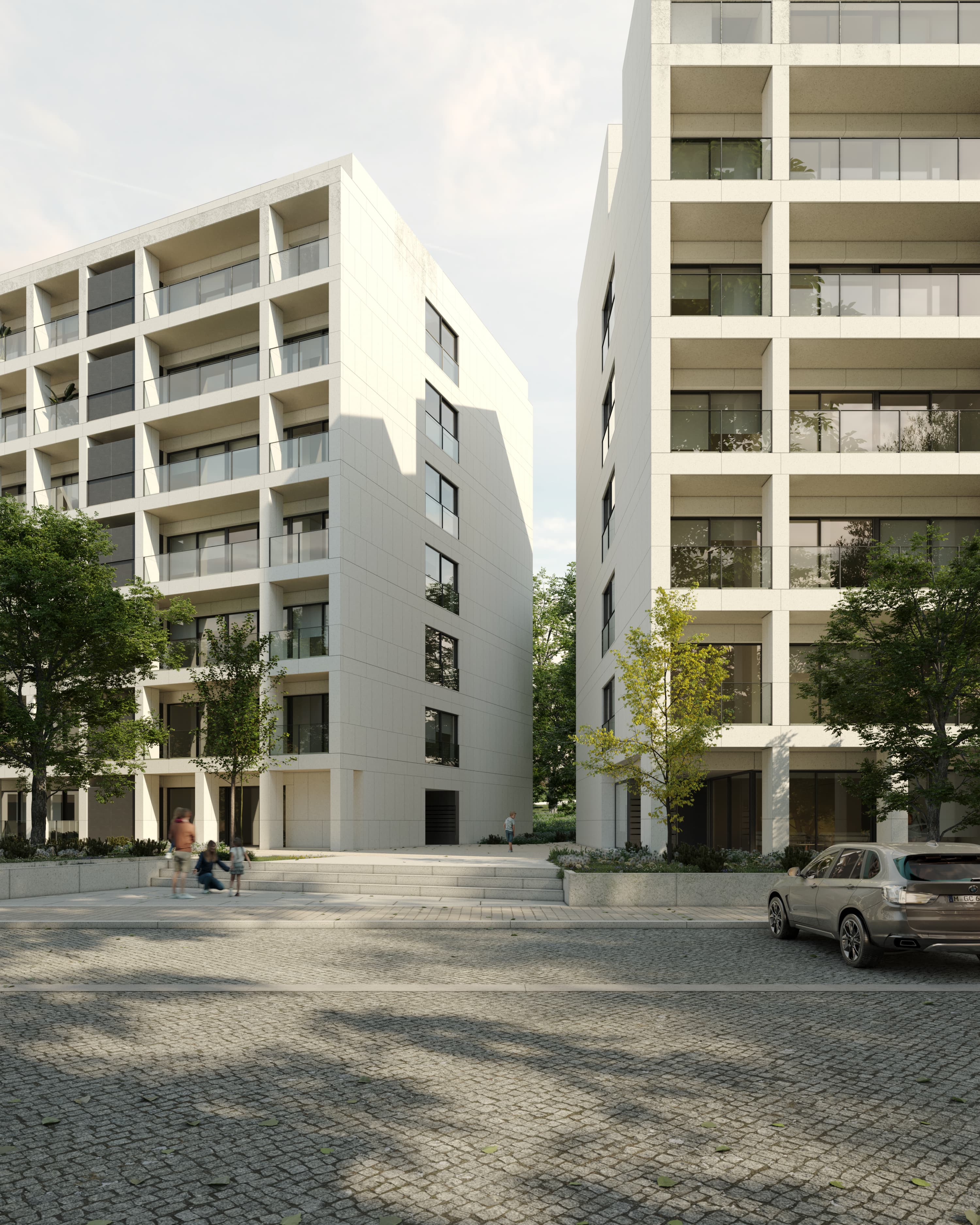 Render of the completed Privilege Gardens building in white natural stone